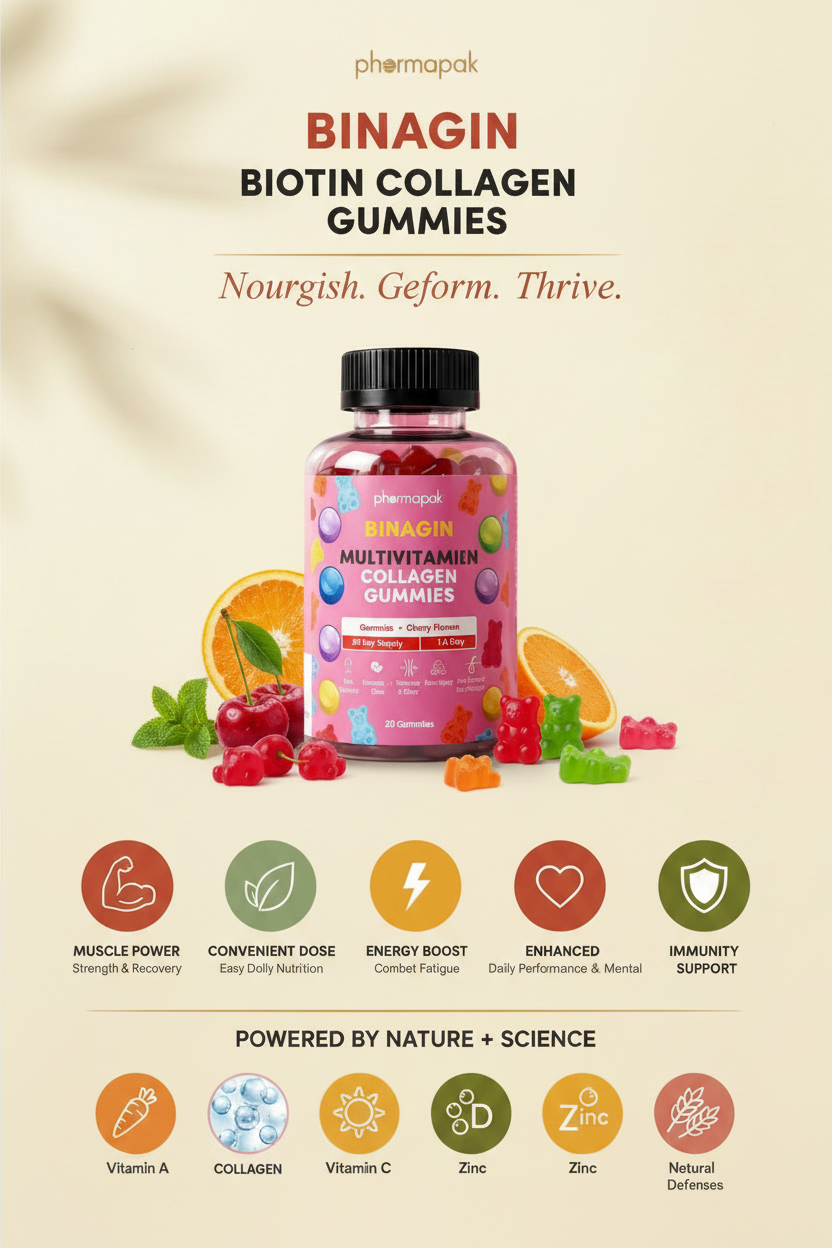 BINAGIN Biotin Collagen Vitamin C Gummies by Pharmapak | Cherry Flavor | Hair, Skin & Nails